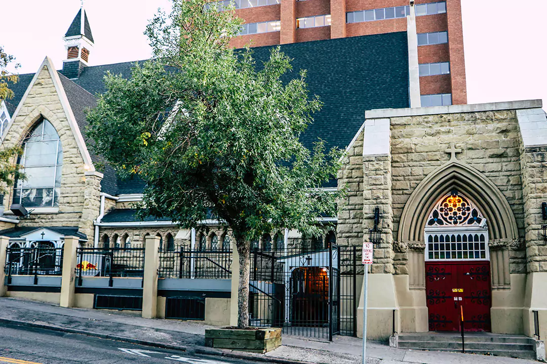 The church exterior photo from the street