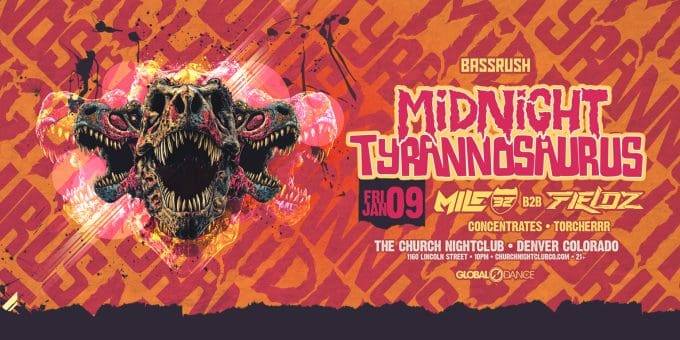 Midnight Tyrannosaurus at Church Nightclub in Denver Event Flyer Jan 9